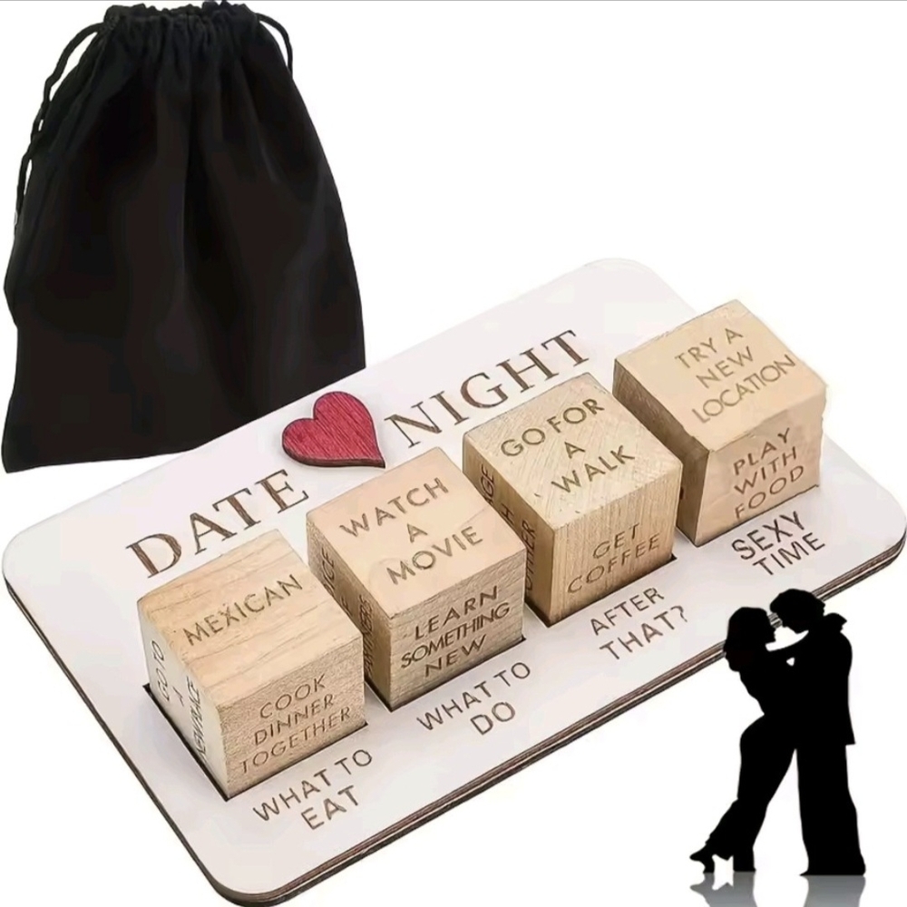 Date Night Wooden Dice Game Set - Natural Wood with Red Heart
